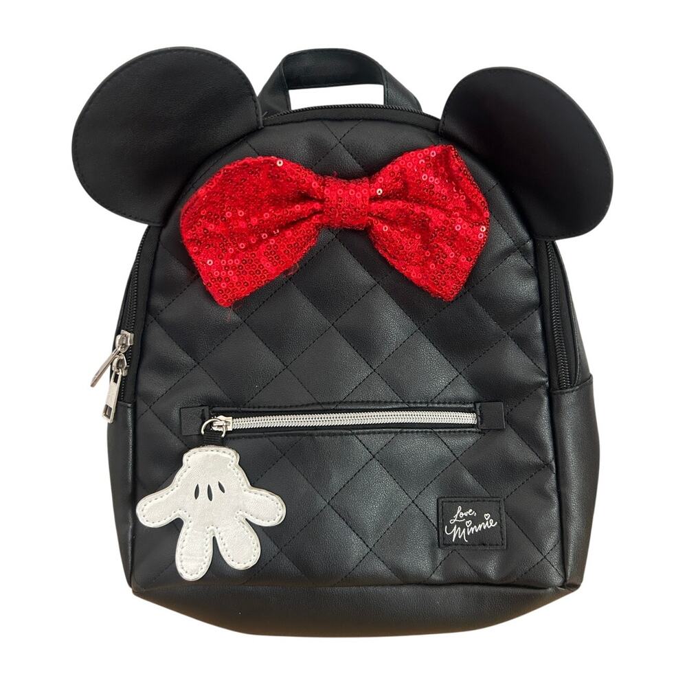 Disney Minnie Mouse Black Quilted Mini Backpack Red Bow & Ears Cute Park Bag